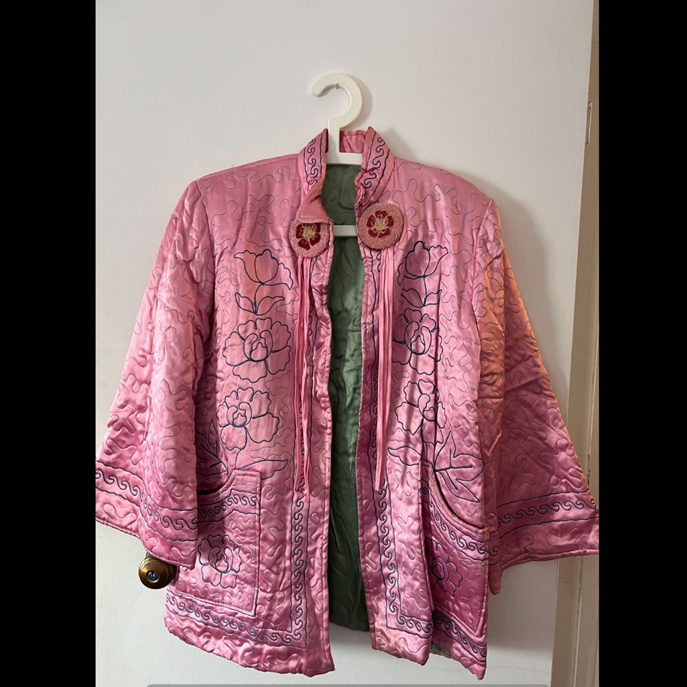 Satin Pink Kimono w Blue Embroidery